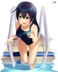  black_hair bu_li commentary female kantai_collection long_hair one-piece_swimsuit pool_ladder poolside sitting solo swimsuit ushio_(kancolle) yellow_eyes 