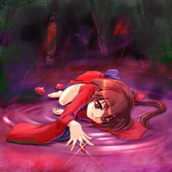  barefoot brown_hair commentary_request dress female kurame kusari_hime:_euthanasia long_hair lying on_side ponytail purple_background red_dress red_eyes sandals smile solo unworn_sandals urase_shioji 