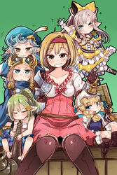  6+girls :&lt; :d amagaeru_(hylathewet) aqua_eyes arm_up bare_shoulders belt black_footwear blonde_hair blue_eyes blue_hair blush boots bow braid breasts bridal_veil brown_eyes brown_footwear carrying closed_eyes closed_mouth commentary_request djeeta_(granblue_fantasy) dress fighter_(granblue_fantasy) filasopila flugelhorn gloves granblue_fantasy green_eyes green_hair grey_hair hair_ornament hair_ribbon hairband hairbow harvin hat highres hood idol instrument knees_together_feet_apart lilele_(granblue_fantasy) long_hair looking_at_viewer medium_breasts milleore mimlememel multiple_girls one_eye_closed open_mouth pink_hairband pointy_ears ponytail puffy_short_sleeves puffy_sleeves ribbon sahli_lao shoes short_hair short_sleeves shoulder_carry sitting smile sparkle thighhighs twin_braids v-shaped_eyebrows veil wavy_mouth white_gloves white_legwear yellow_ribbon 