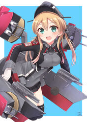  anchor_hair_ornament aqua_eyes blonde_hair blue_eyes breasts commentary_request cross female gloves hair_ornament hat iron_cross kantai_collection large_breasts long_hair military military_uniform nayuhi_(yukimuu14) peaked_cap prinz_eugen_(kancolle) solo thighhighs turret twintails uniform white_gloves 