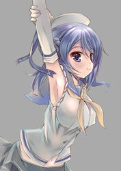  armpits arms_up blue_eyes blue_hair breasts commentary_request covered_nipples double_bun elbow_gloves female futami_kazuha gloves hair_bun hat kantai_collection large_breasts navel neckerchief pleated_skirt sailor_hat school_uniform serafuku simple_background skirt sleeves_rolled_up smile solo urakaze_(kancolle) white_hat yellow_neckerchief 