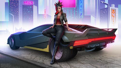  animal_ears black_hair braid car cat_ears cat_tail city commentary_request commission cropped_jacket crossover cyberpunk_(series) cyberpunk_2077 facial_mark female final_fantasy final_fantasy_xiv green_eyes high_collar jacket leaning_against_vehicle leaning_back lips looking_at_viewer marie_makise max_domikov midriff miqo&#039;te motor_vehicle multicolored_hair navel open_clothes open_jacket pants patreon_username short_hair short_sleeves smile solo tail tank_top tight_clothes tight_pants two-tone_hair vehicle_focus warrior_of_light_(ff14) watermark web_address whisker_markings 