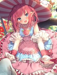  :d absurdres alternate_costume commentary_request day dress dress_flower earrings elizabeth_bathory_(fate) elizabeth_bathory_(fate/extra_ccc) elizabeth_bathory_(third_ascension)_(fate) fate/extra fate/extra_ccc fate_(series) female flower frilled_dress frills green_eyes hat hat_flower head_tilt highres jewelry layered_dress looking_at_viewer oerba_yun_fang open_mouth outdoors pink_dress pink_flower pink_hair pink_rose pointy_ears red_ribbon ribbon rose smile solo_focus striped_clothes striped_headwear tail usamata vertical-striped_clothes vertical-striped_headwear wrist_cuffs 