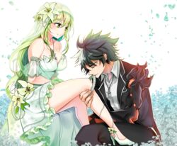  1boy bare_legs black_hair bridal_garter bride closed_eyes closed_mouth collarbone commentary_request couple dress elsword female flower formal grand_archer_(elsword) green_eyes green_hair hair_flower hair_ornament hamericano high_heels highres jewelry kneeling light_green_hair lily_(flower) long_hair mechanical_arms messy_hair mouth_hold multicolored_hair necklace raven_cronwell reckless_fist_(elsword) rena_erindel shoes single_mechanical_arm sitting smile straight suit two-tone_hair white_dress white_footwear white_hair 