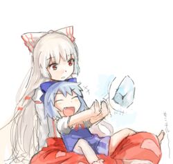  2girls bad_drawr_id bad_id blue_dress blue_hair bow cirno cryokinesis dress fujiwara_no_mokou hair_ribbon hairbow ice long_hair multiple_girls oekaki pants red_eyes ribbon short_hair sitting sitting_on_lap sitting_on_person suspenders touhou white_hair yoplait 