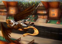  anthro being_watched canid canine detailed_background duo_focus equid equine flying fox fujiokaaika group horse looking_at_another love male mammal mythological_creature mythological_equine mythology nude pegasus public public_nudity town wings 