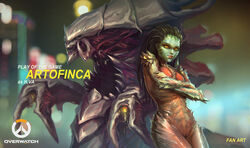  against_object alexander_nanitchkov artist_name blurry bokeh breasts colored_skin commentary copyright_name cosplay cowboy_shot creator_connection crossed_arms crossover d.va_(overwatch) depth_of_field english_commentary english_text facial_mark fake_screenshot female green_skin highres hydralisk infested_kerrigan leaning_back lips mecha meka_(overwatch) nose overwatch overwatch_1 parody photoshop_(medium) play_of_the_game red_lips robot sarah_kerrigan sarah_kerrigan_(cosplay) signature small_breasts solo starcraft tentacle_hair whisker_markings yellow_eyes zerg_(starcraft) 