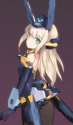  ass baselard black_pantyhose blonde_hair elbow_gloves female flat_ass frame_arms_girl from_behind from_side gloves green_eyes headgear long_hair looking_at_viewer mecha_musume pantyhose shimada_fumikane simple_background solo standing 