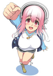  blush breasts commentary_request deni_m female headphones large_breasts long_hair looking_at_viewer nitroplus open_mouth pink_eyes pink_hair smile solo super_sonico 