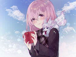  blue_sky blush brown_jacket closed_mouth cloud commentary_request creature cup day fate/grand_order fate_(series) female fingernails fou_(fate) hair_between_eyes highres holding holding_cup hozumi_rino jacket long_sleeves mash_kyrielight mash_kyrielight_(chaldea_teatime) mug official_alternate_costume on_shoulder outdoors pink_hair plaid purple_eyes sky smile upper_body 