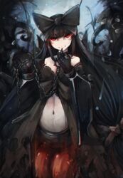  abyssal_ship bare_shoulders black_bow black_hair bow breasts chains choker chromatic_aberration commentary_request female finger_to_mouth gauntlets glowing glowing_eyes gothic_lolita hairbow highres kajaneko kantai_collection large_bow large_breasts lolita_fashion long_hair looking_at_viewer navel red_eyes seaplane_tender_princess small_breasts solo very_long_hair 