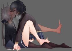  2girls afterimage against_wall bare_legs barefoot black_hair black_legwear black_sailor_collar black_shirt blue_dress blue_ribbon blue_skirt blush body_blush closed_eyes commentary dress feet flower foot_blush french_kiss from_side full-face_blush grey_background hair_flower hair_ornament hair_ribbon hand_blush heavy_breathing highres holding_hands interlocked_fingers kissing kneeling konno_junko legs_up light long_hair long_sleeves low_twintails miniskirt mizuno_ai multiple_girls neckerchief no_shoes plaid plaid_skirt pleated_skirt profile ribbon rlin sailor_collar school_uniform shirt short_hair simple_background sitting skirt thighhighs toe_scrunch toes twintails very_long_hair white_hair white_neckerchief yuri zettai_ryouiki zombie_land_saga 