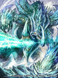  absurdres blue_eyes breath_weapon breathing_ice chinese_commentary commentary_request dragon energy_beam highres ice monster mountain mouth_beam no_humans official_art open_mouth outdoors photoshop_(medium) seisen_cerberus snowstorm watermark z.dk 