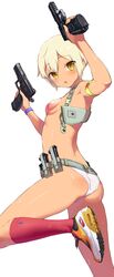  aida_takanobu anchor_symbol armlet armpits ass back belt blonde_hair blush breasts brown_eyes chestnut_mouth commentary_request cz_75 dual_wielding female gun handgun holding holster kneehighs original panties pasties red_socks shoes short_hair shoulder_holster small_breasts sneakers socks solo sweat tan underwear weapon white_panties 