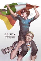  2boys adidas artist_name axis_powers_hetalia blonde_hair blue_eyes brown_eyes brown_hair euro_2016 german german_flag germany germany_(hetalia) hand_on_leg highres italian italian_flag italy multiple_boys northern_italy_(hetalia) on_shoulder puma_ag scarf short_hair simple_background soccer soccer_uniform sportswear tagme virus-ac74 