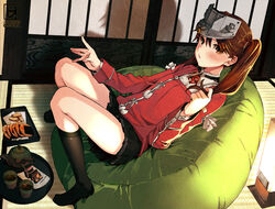  black_socks blush brown_eyes brown_hair commentary female hat japanese_clothes kantai_collection kneehighs long_hair looking_at_viewer magatama ryuujou_(kancolle) sitting skirt smile socks solo twintails usui_ryuu visor_cap 