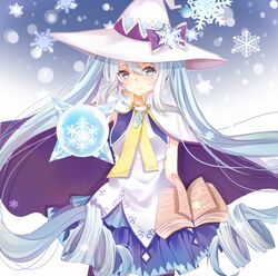  blue_eyes blue_hair book cape commentary_request female grimoire hat hatsune_miku itsuki_(yishu) long_hair skirt snowflakes solo suki!_yuki!_maji_magic_(vocaloid) twintails very_long_hair vocaloid witch_hat yuki_miku yuki_miku_(2014) 