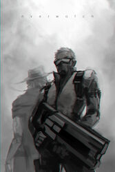  2boys assault_rifle bad_id bad_pixiv_id broken_eyewear cape cassidy_(overwatch) cigar copyright_name covered_mouth cowboy_hat energy_gun from_behind gloves gun hat head-mounted_display jacket long_sleeves male_focus mask mechanical_arms monochrome mouth_hold mouth_mask multiple_boys overwatch overwatch_1 pants photoshop_(medium) reroi rifle scar short_hair single_mechanical_arm smoke soldier:_76_(overwatch) solo_focus weapon 