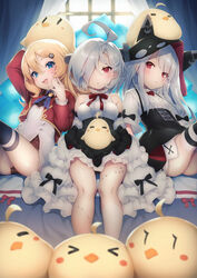  3girls :d abercrombie_(azur_lane) ahoge arm_up ass azur_lane backlighting bare_shoulders black_legwear black_panties blonde_hair blue_eyes blush breasts commentary_request cropped_jacket curtains detached_sleeves dress erebus_(azur_lane) frills grey_hair hair_between_eyes hair_ornament hair_over_one_eye high-waist_skirt highres holding hood hoodie indoors long_hair long_sleeves looking_at_viewer manjuu_(azur_lane) medium_breasts meme_attire multiple_girls official_art open_mouth panties pantyshot pokachu red_eyes short_hair sidelocks sitting skirt sleeves_past_wrists small_breasts smile stitches striped_clothes striped_thighhighs terror_(azur_lane) thighhighs underwear virgin_killer_outfit white_hair window 