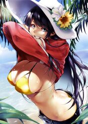  :d absurdres ass beach bikini black_hair black_ribbon blue_eyes blue_shorts blue_sky breasts butt_crack cleavage clothes_lift cowboy_shot cropped day denim denim_shorts female flower from_side grin hair_between_eyes hands_up hat hat_flower hat_ribbon highres large_breasts leaf long_hair non-web_source ocean open_fly open_mouth original outdoors palm_tree purple_hair red_shirt ribbon scan shirt shirt_lift short_shorts short_sleeves shorts sky smile solo standing sun_hat sunflower sunlight swimsuit teeth toranoana tree unbuttoned undressing very_long_hair warabino_matsuri water white_hat yellow_bikini yellow_flower 