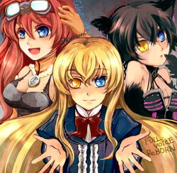  3girls animal_ears ati_(sekien_no_inganock) bad_id bad_pixiv_id black_hair blonde_hair blue_eyes bow cat_ears colored_eyelashes company_connection cony_il_ricoeur copyright_name crossover goggles goggles_on_head heterochromia liarsoft long_hair mary_clarissa_christie multiple_crossover multiple_girls outstretched_hand red_hair sekien_no_inganock shikkoku_no_sharnoth short_hair smile souten_no_celenaria steampunk_(liarsoft) suzuka_(once) yellow_eyes 