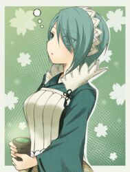  blue_eyes blue_hair commentary_request female fire_emblem fire_emblem_fates hair_over_one_eye open_mouth setsuna_(fire_emblem) shira_yu_ki solo tea 