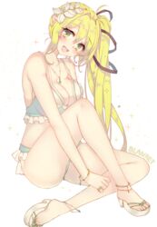  anklet artist_name bare_legs bikini blanket_(kkbjah) blonde_hair bracelet breasts cleavage commentary_request elsword female flower hair_flower hair_intakes hair_ornament highres jewelry large_breasts lily_(flower) long_hair necklace rena_erindel ring sandals side_ponytail sitting solo swimsuit white_background wind_sneaker_(elsword) 