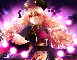  blonde_hair commentary_request danmaku dress female grin hat highres invidiata junko_(touhou) long_hair long_sleeves md5_mismatch outstretched_arm red_eyes sash smile solo tabard touhou wide_sleeves 