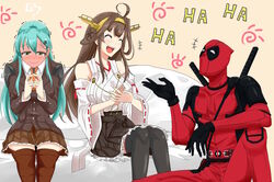  1boy 2girls ^_^ ahoge aqua_hair ascot black_thighhighs blush bodysuit brown_hair brown_legwear closed_eyes commentary_request deadpool deadpool_(movie) deadpool_(series) double_bun fingers_together full-face_blush hair_bun hair_ornament headgear highres ijimeka_(meme) index_fingers_together japanese_clothes kantai_collection kongou_(kancolle) long_hair marvel mask meme multiple_girls nontraditional_miko pleated_skirt rakku_(10219563) school_uniform serafuku sitting skirt suzuya_(kancolle) thighhighs trembling wavy_mouth 