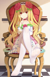  armchair bare_shoulders blonde_hair dungeon_and_fighter feet female finger_to_mouth hair_flower hairband legs_crossed long_hair looking_at_viewer mage_(dungeon_and_fighter) no_shoes pointy_ears pov_feet red_eyes sheer_legwear sitting soles toes white_legwear 