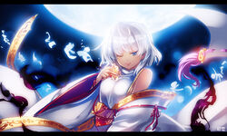  awakening_(sennen_sensou_aigis) bare_shoulders blue_eyes commentary_request detached_sleeves female full_moon japanese_clothes kariginu letterboxed looking_at_viewer mikoto_(sennen_sensou_aigis) moon one_eye_closed onmyouji photoshop_(medium) ribbon-trimmed_sleeves ribbon_trim sennen_sensou_aigis shikigami short_hair tokiame tongue tongue_out white_hair wide_sleeves 