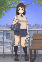  bag bench black_hair blue_legwear branch cityscape commentary_request female full_body kneehighs loafers long_hair necktie papa_(shimeguru) pleated_skirt railing school_bag school_uniform shoes skirt smile socks solo standing sweater_vest wrestle_angels yoshihara_mimi 