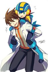  2boys aged_up blush brown_eyes brown_hair carrying commentary_request dated green_eyes hair_between_eyes helmet iroyopon lab_coat lan_hikari_(mega_man) long_sleeves male_focus mega_man_(series) mega_man_battle_network_(series) megaman.exe multiple_boys netnavi one_eye_closed open_mouth piggyback signature simple_background white_background 