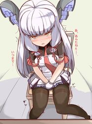  between_legs black_legwear blush breasts chair dress female from_above gloves hair_ornament hair_ribbon half-closed_eyes hand_between_legs hands_together have_to_pee headgear highres kantai_collection long_hair looking_up murakumo_(kantai_collection) muroi_(fujisan0410) necktie open_mouth orange_eyes pantyhose pleated_dress red_necktie red_ribbon ribbon saliva short_sleeves silver_hair simple_background sitting small_breasts solo strapless strapless_dress sweat tears text thighband_pantyhose tied_hair translation_request trembling white_background white_dress white_gloves 