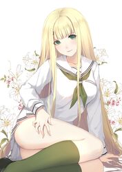  ass bishoujo_mangekyou:_tsumi_to_batsu_no_shoujo bishoujo_mangekyou_(series) blonde_hair blouse breasts bud caidychen commentary_request female floral_background flower green_eyes green_neckerchief green_socks head_tilt highres kannagi_yuuri kneehighs lily_(flower) loafers long_hair long_legs long_sleeves looking_at_viewer medium_breasts neckerchief pink_flower pleated_skirt sailor_collar school_uniform serafuku shirt shoes simple_background sitting skirt socks solo very_long_hair white_background white_flower white_lily white_sailor_collar white_shirt white_skirt 