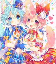  1boy :d :o animal_ears bad_id bad_pixiv_id beret blue_eyes blue_gloves blue_hair blue_nails blush bow bowtie braid brother_and_sister chromatic_aberration commentary confetti crossdressing curly_hair detached_sleeves dorothy_west dress female frills gloves hand_on_another&#039;s_shoulder hat heart highres holding_hands kemonomimi_mode layered_dress looking_at_viewer mini_hat mini_top_hat mole mole_under_eye nail_polish navel nekoto_rina open_mouth otoko_no_ko pink_eyes pink_hair pretty_series pripara puffy_detached_sleeves puffy_short_sleeves puffy_shorts puffy_sleeves reona_west short_hair short_sleeves shorts siblings smile sparkle star_(symbol) striped tail top_hat twins vertical_stripes 