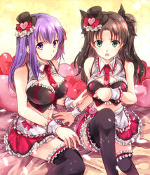  2girls :o alternate_costume apron black_hair black_ribbon black_thighhighs blue_eyes blurry bow breasts closed_mouth commentary_request crop_top depth_of_field eyebrows fate/grand_order fate/stay_night fate_(series) frilled_apron frilled_legwear frilled_skirt frills furrowed_brow glowing hair_ribbon hat hat_bow heart highres iroha_(shiki) lace large_breasts light_particles long_hair looking_at_viewer matching_outfits matou_sakura matou_sakura_(street_choco-maid) midriff mini_hat mini_top_hat miniskirt multiple_girls navel necktie on_bed petals photoshop_(medium) pout purple_eyes purple_hair red_bow red_necktie red_skirt revision ribbon short_necktie siblings sisters sitting skirt sleeveless stomach striped thighhighs tohsaka_rin tohsaka_rin_(street_choco-maid) top_hat two_side_up vertical_stripes waist_apron wrist_cuffs yellow_background zettai_ryouiki 