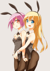  2girls animal_ears arnval_mk2 arnval_mk2_tempesta blonde_hair blue_eyes bow bowtie busou_shinki commentary_request danna_max detached_collar hug hug_from_behind long_hair multiple_girls pantyhose playboy_bunny purple_hair rabbit_ears rabbit_tail red_eyes tail wrist_cuffs 