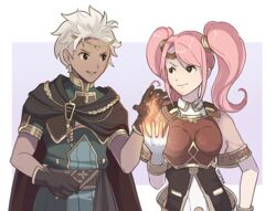  1boy boey_(fire_emblem) cape female fire fire_emblem fire_emblem_echoes:_shadows_of_valentia fire_emblem_gaiden fireball gloves grin mae_(fire_emblem) magic pink_hair simple_background smile tan twintails white_hair yayster 