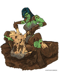  2011 2_fingers anthro armor bikini bikini_armor blue_hair brown_eyes chainmail chainmail_bikini claws clenched_teeth clothing dragonborn_(dnd) dungeons_and_dragons duo female fingers hair hasbro horn horn_grab humanoid leg_grab lying mud mud_wrestling on_front orc pathfinder pinned simple_background sitting spread_legs spreading straddling swimwear teeth toe_claws transbot9 unconvincing_armor white_background wizards_of_the_coast wrestling 