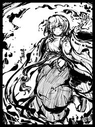  border commentary_request detached_sleeves female greyscale japanese_clothes kariginu mikoto_(sennen_sensou_aigis) monochrome onmyouji photoshop_(medium) ribbon-trimmed_sleeves ribbon_trim sennen_sensou_aigis shikigami short_hair smile tokiame wide_sleeves 