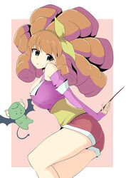  alternate_costume bare_shoulders big_hair breasts commentary_request detached_sleeves drill_hair female hair_ornament hairband head_tilt holding holding_wand large_breasts long_hair looking_at_viewer maguro_(fufu) melie orange_hair radiant red_shorts short_shorts shorts simple_background solo wand yellow_hairband 