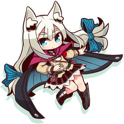  7th_dragon_(series) 7th_dragon_2020 7th_dragon_2020-ii :&lt; animal_ears black_footwear blue_bow blue_eyes boots bow chibi chitrine_(7th_dragon) closed_mouth commentary_request female fox_ears fox_tail full_body hairbow knee_boots long_hair lucier_(7th_dragon) naga_u solo tail white_hair 