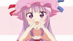  animated animated blue_ribbon blunt_bangs capelet commentary_request crescent crescent_hat_ornament double_bun dress female hair_bun hat hat_ornament heart heart_hands looking_at_viewer mob_cap open_mouth patchouli_knowledge purple_eyes purple_hair ram_hachimin red_ribbon ribbon sansha_san&#039;you solo striped_clothes striped_dress touhou upper_body 