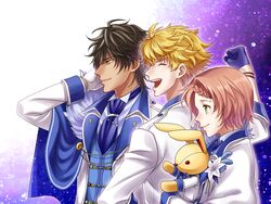  aidou_seiya black_hair blonde_hair blush braid brown_hair closed_eyes dark_skin dark_skinned_male esaka gloves green_eyes i-chu male_focus minato_kanata mitsurugi_akira multiple_boys open_mouth single_braid smile stuffed_animal stuffed_bunny stuffed_toy yellow_eyes 