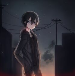  1boy black_eyes black_hair commentary_request hands_in_pockets hood hoodie jacket jianmo_sl kirito male_focus outdoors power_lines sword_art_online 