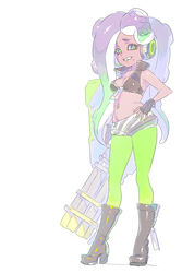  :d absurdres bare_shoulders boots breasts cleavage commentary_request crop_top dark-skinned_female dark_skin enkyo_yuuichirou female fingerless_gloves full_body gatling_gun gloves green_eyes green_pantyhose gun hand_on_own_hip headphones highres long_hair looking_at_viewer marina_(splatoon) medium_breasts midriff mini_splatling_(splatoon) minigun mole mole_under_mouth navel navel_piercing octoling open_mouth pantyhose pantyhose_under_shorts piercing purple_hair shorts simple_background sleeveless smile solo splatoon_(series) splatoon_2 standing stomach teeth tentacle_hair weapon white_background zipper zipper_pull_tab 