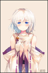  bare_shoulders blue_eyes blush border commentary_request crying crying_with_eyes_open detached_sleeves female japanese_clothes kariginu looking_at_viewer mikoto_(sennen_sensou_aigis) onmyouji photoshop_(medium) ribbon-trimmed_sleeves ribbon_trim sennen_sensou_aigis short_hair solo tears tokiame upper_body white_hair wide_sleeves 