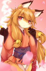  animal_ears bad_id bad_pixiv_id bell blush borrowed_character brown_hair cherry_blossoms female fox_ears fox_girl fundoshi furry furry_female gu_niku hair_ornament japanese_clothes jingle_bell kimono koko_(kishibe) long_hair no_pants original petals photoshop_(medium) pointing red_eyes short_kimono solo tail 