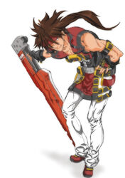  1boy bad_id bad_pixiv_id belt brown_hair fingerless_gloves gloves guilty_gear guilty_gear_xrd headband junkyard_dog_mk_iii leaning_forward male_focus multiple_belts muscular muscular_male pants ponytail reverse_grip sol_badguy solo sword tsukinowa_kousuke vest weapon 